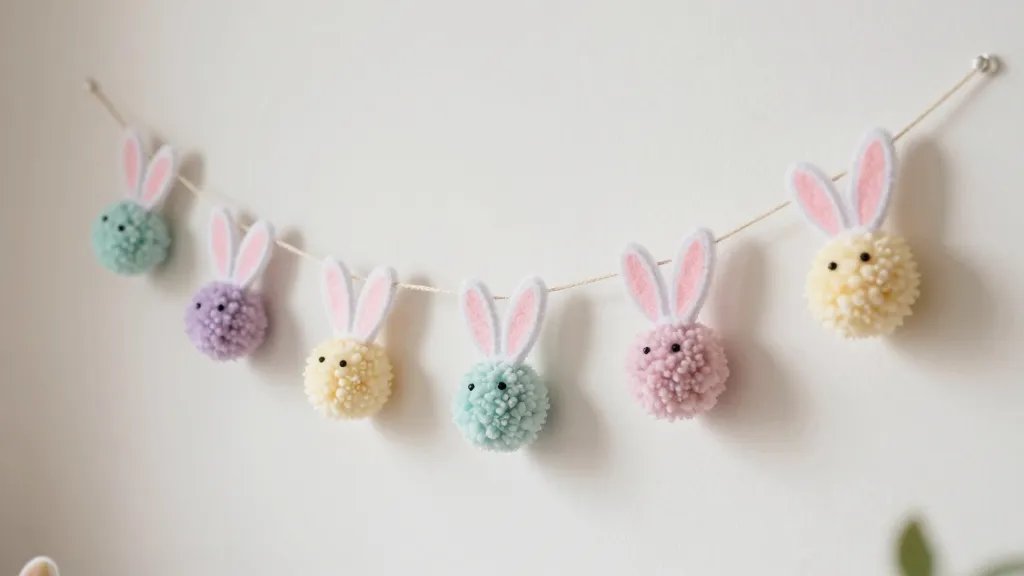 A cozy living room wall featuring a hand-made pom-pom bunny garland: fluffy pastel-colored pom-poms strung along a ribbon with small felt bunny ears glued to some pom-poms, Google eyes optional, soft natural lighting, slightly blurred background to emphasize the garland, no text, warm Easter palette.
