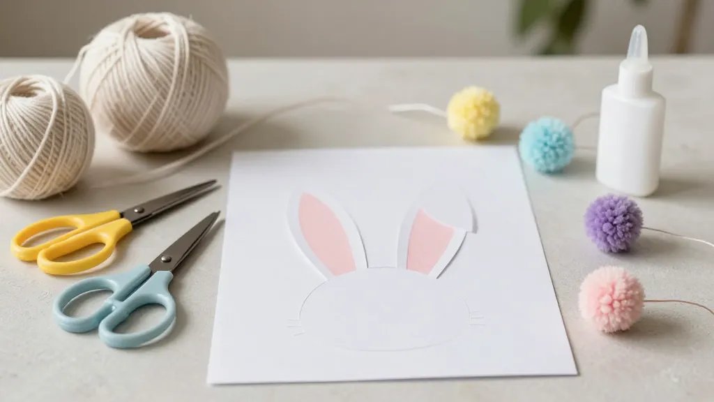 A tidy craft table scene focused on no-sew Easter crafts: balls of yarn, scissors, glue, ribbon, and a simple bunny ear template on a sheet of paper, several completed mini pom-poms with ears attached ready to be strung, soft ambient light, neutral surface, no text, cozy home crafting vibe.