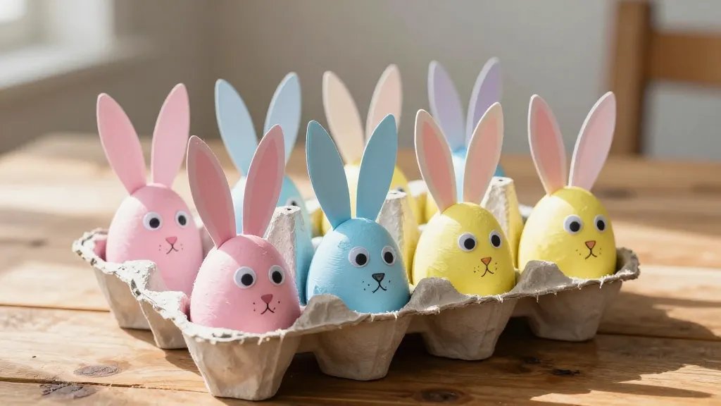 A bright, pastel-colored display of DIY Easter bunny decorations made from recycled egg cartons: several egg carton pieces painted in soft pink, blue, and yellow, with hand-cut bunny ears attached to the tops, googly eyes (or simple black marker eyes) and tiny noses drawn on, arranged as a charming centerpiece on a rustic wooden table with natural sunlight streaming in.