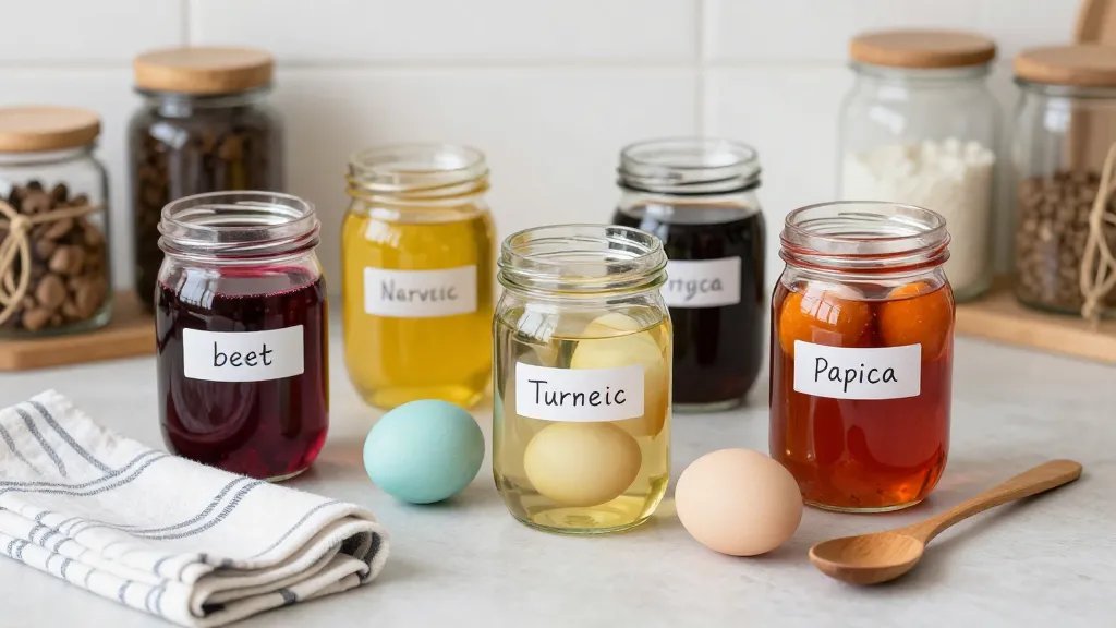 A cozy kitchen scene showing a natural dye setup for Easter eggs: clear glass jars labeled with different pastel dyes (beet, turmeric, coffee, paprika) with eggs soaking, surrounded by common pantry items, a folded striped towel, and a wooden spoon, all on a light countertop to evoke a budget-friendly, crafty vibe.