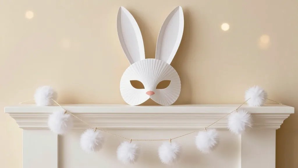 A cozy mantel display styled for Easter with two quick-decor ideas: a minimalist paper plate bunny mask placed upright as a decorative prop and a string of fluffy pom-pom bunny tails draped below, against a soft spring-themed backdrop with warm lighting and subtle bokeh in the background.