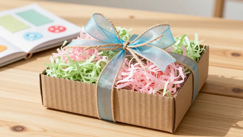 A bright spring gift scene featuring a sturdy corrugated cardboard gift base, topped with shredded tissue in blush pink and pistachio green, tied with natural raffia and a sky-blue organza ribbon, set on a sunlit wooden table with a small swatch book in the background and colorful handmade embellishments clear of text or logos.