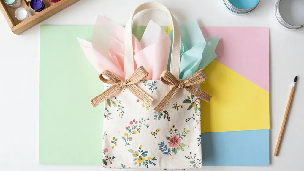 A chic DIY gift bag arrangement: reusable fabric bag with a breezy floral pattern, filled with layered tissue, raffia bows, and pastel filler, surrounded by a palette board showing pistachio greens, blush pinks, sunny yellows, and sky blues, all on a clean craft desk with craft supplies and no visible text.