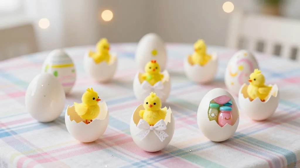 A bright, cozy Easter table scene featuring a dozen hollowed eggs opened to reveal tiny, whimsical surprises (miniature paper chicks, tiny lace bows, miniature candy jars) arranged on a pastel plaid tablecloth with soft bokeh lights in the background; include glittery specks on some eggs and a glossy finish to highlight the patterned dye textures.