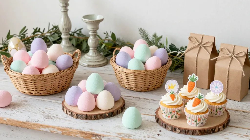 A cohesive Easter dessert table with a rustic pastel theme: handmade marshmallow eggs in soft pink, lavender, and mint arranged in woven baskets and on wood slices; mini carrot cupcakes in floral paper cups with tiny handmade toppers; delicate kraft favor boxes with twine ribbons, all set on a distressed wooden table with greenery garlands and vintage ceramic candlesticks, soft natural light, no text.