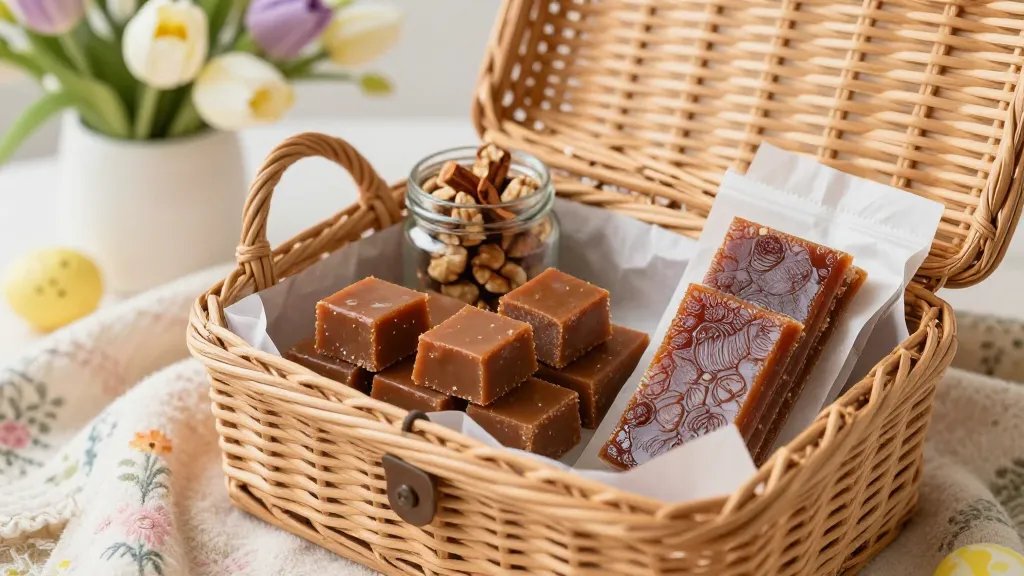 A bright, cozy Easter scene featuring a wicker basket open to reveal handmade treats: glossy homemade caramels cut into neat squares, small glass jars of spiced nuts with cinnamon sticks, and neatly wrapped fruit leather strips in parchment paper. Soft pastel blankets, spring flowers in the background, warm natural light, no text on the image.