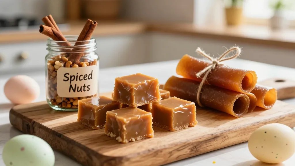 A close-up, artful still life of DIY Easter goodies arranged on a rustic wooden cutting board: caramel squares with shiny tops, a small jar labeled “Spiced Nuts” with a cinnamon stick, and rolled fruit leather bundles tied with twine, scattered pastel eggs around; warm, inviting kitchen ambiance with daylight streaming in. No text on the image.