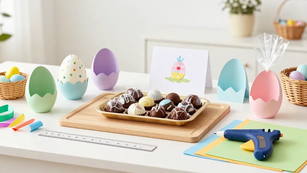 A bright, cozy Easter craft table scene featuring a variety of handmade chocolate holder designs in pastel colors. Include a wooden cutting mat, scissors, glue gun, ruler, colored paper, and ribbons. Show several egg-shaped and small card stock holders surrounding a central platter of wrapped chocolates, with a soft bokeh background and subtle Easter decor like mini baskets and plastic wrap for freshness.