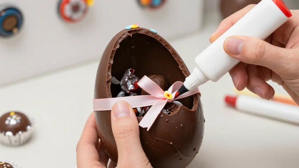 Close-up of a single egg-shaped chocolate holder in progress: hands applying a glossy finish with hot glue, decorative elements like markers, stickers, and a ribbon being added, and a few wrapped chocolates peeking from inside. The background should be a craft workspace with magnets or stands nearby and a shallow depth of field to emphasize texture and detail.