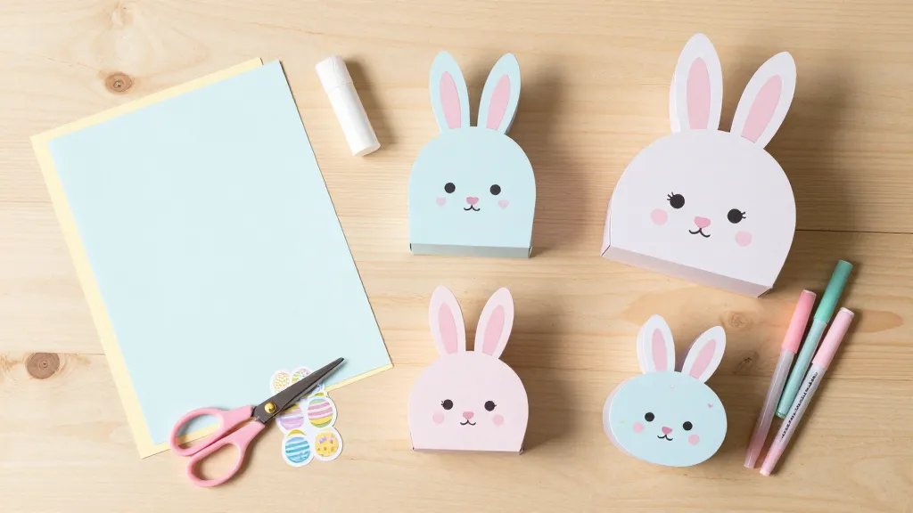 A flat lay scene of a crafting table with pastel-colored cardstock, scissors, a glue stick, markers, and a small stack of Easter stickers arranged neatly around three completed bunny gift boxes in different shapes and sizes, all featuring adorable bunny faces and tiny hearts, on a light wood background (no text).