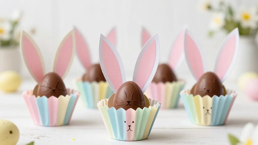 A bright, whimsical Easter scene featuring pastel cupcake liners folded into bunny ears, forming tiny baskets. Inside each liner sits a few glossy chocolate eggs; add a tiny paper tail and a small drawn-on bunny nose on the front. Use soft, airy lighting with a shallow depth of field, pastel ribbons tying handles, and subtle background bokeh of spring flowers.