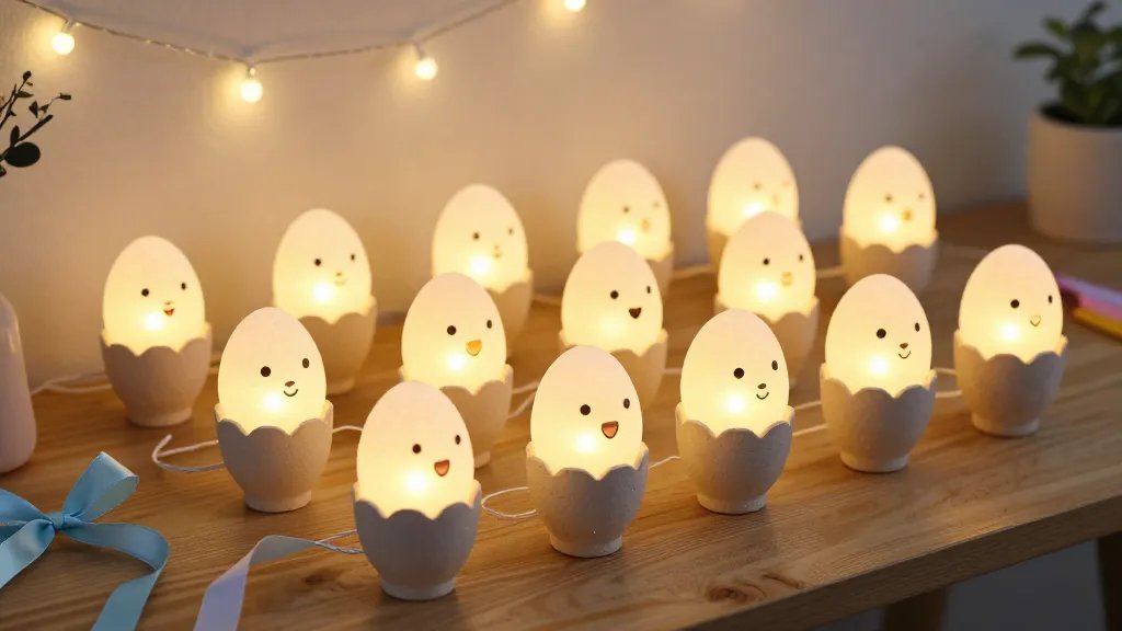 A playful display of Eggcup Lanterns: reusable egg cups each holding a glowing mini LED light, shaped as cheerful Easter eggs. Arrange on a wooden table with pastel decorations, ribbons, and delicate string lights overhead. Emphasize warm glow through translucent Eggcup lanterns, with a cozy, craft-room vibe and soft shadows.