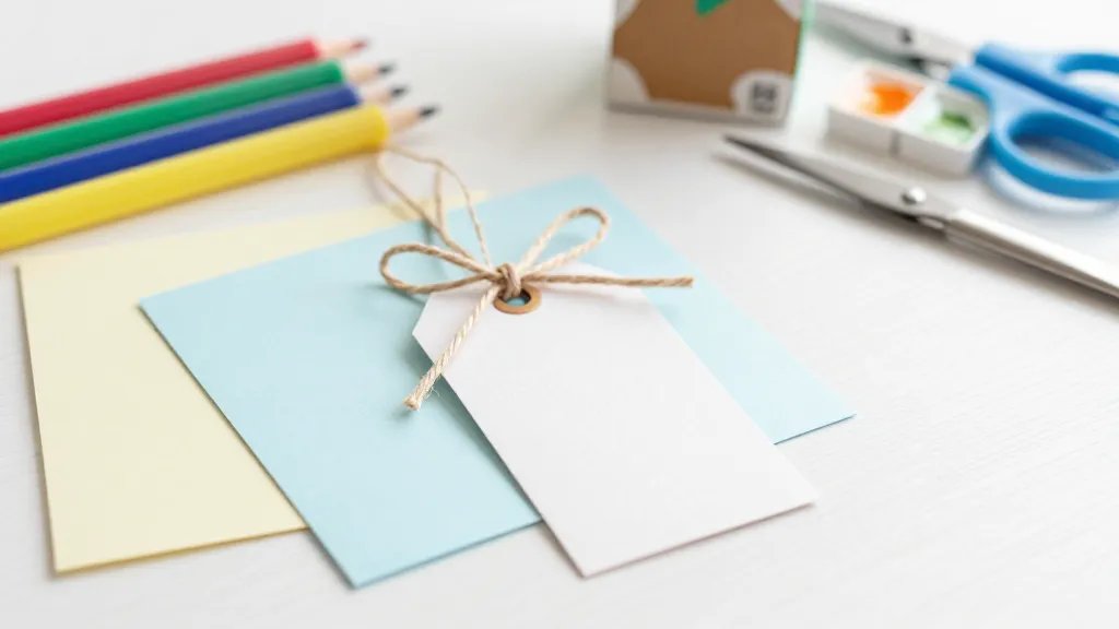 A cozy, well-lit craft desk scene featuring a partially completed handmade Easter gift tag. Include pastel cardstock, a simple hole-punched tag with a delicate twine bow, colorful markers and watercolor paints, scissors, and a cereal-box-style reused cardboard tag in the background. The composition should evoke a warm, personal gifting moment with soft shadows and a clean, uncluttered aesthetic; no text visible on the tag itself.