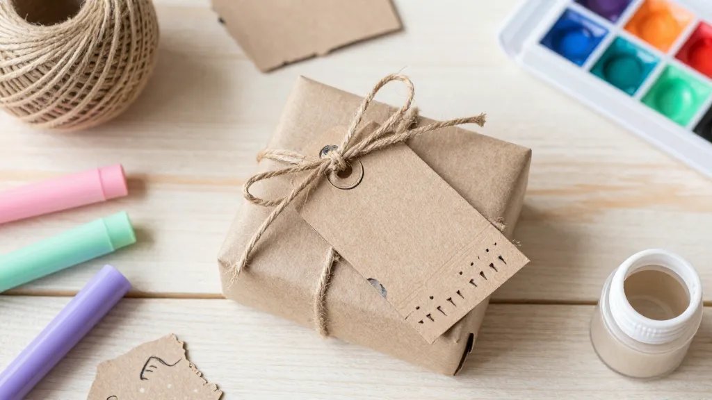 Close-up flat lay of a finished Easter tag tied to a small gift, surrounded by crafting basics: recycled cardboard pieces, a roll of twine, pastel markers, and a tiny jar of watercolors. Emphasize tactile details like the texture of the cardstock, the rough edge of a punched hole, and subtle hand-drawn accents, with a soft pastel color palette and natural wooden table surface; no text or words appear in the image.