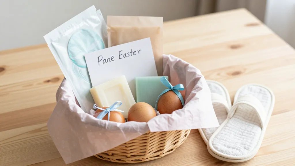 A cozy, Instagram-ready Easter basket scene on a light wooden table: a woven basket lined with pastel tissue paper, containing a themed spa day kit (face masks, small soaps, slippers), a handwritten note peeking out from a dyed egg, ribbon-topped wooden eggs and a folded fabric wrap around the basket; soft natural light, shallow depth of field, warm color palette.
