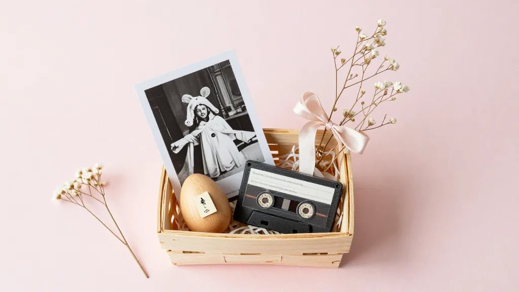An Easter scavenger-hunt clue setup for adults: a flat lay of a minimalist gift basket with nostalgic touches (black-and-white photo, a DIY coupon booklet, a handcrafted wooden egg with a small clue tucked inside, a vintage mixtape case, and delicate ribbon toppers), plus scattered decorative elements like sprigs, dried flowers, and a subtle pastel backdrop; airy, bright lighting with gentle shadows.