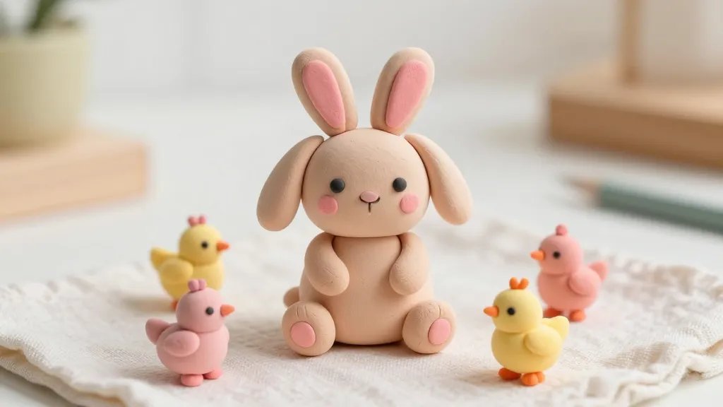 A close-up scene of a cute clay bunny with floppy ears, sitting on a soft pastel cloth. The bunny is made from light tan air-dry clay with pink inner ears, tiny black bead eyes, and a subtle chalk pastel blush on its cheeks. Surrounding the bunny are a few tiny clay chicks, also pastel-toned, with simple, expressive shapes and minimal textures. The background is a clean, airy craft table setup with gentle, natural lighting and a shallow depth of field to keep the focus on the clay figures.