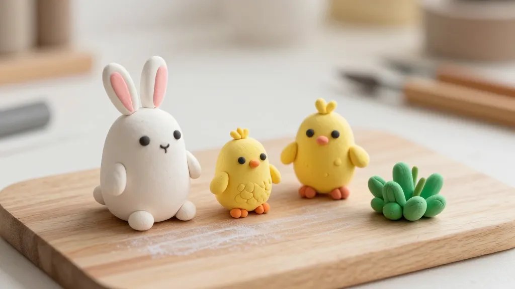 A whimsical still-life composition featuring a small group of spring clay creatures on a wooden craft tray: a fluffy bunny, two cheerful chicks, and a tiny squiggle of greenery made from clay. Each figure uses simple teardrop shapes and minimal textures, with soft colors and delicate details (pink ear highlights, black bead eyes). The scene includes faint chalk pastel dust for a soft glow, and the background shows a blurred workspace with hints of clay tools, evoking a playful, handmade studio vibe.
