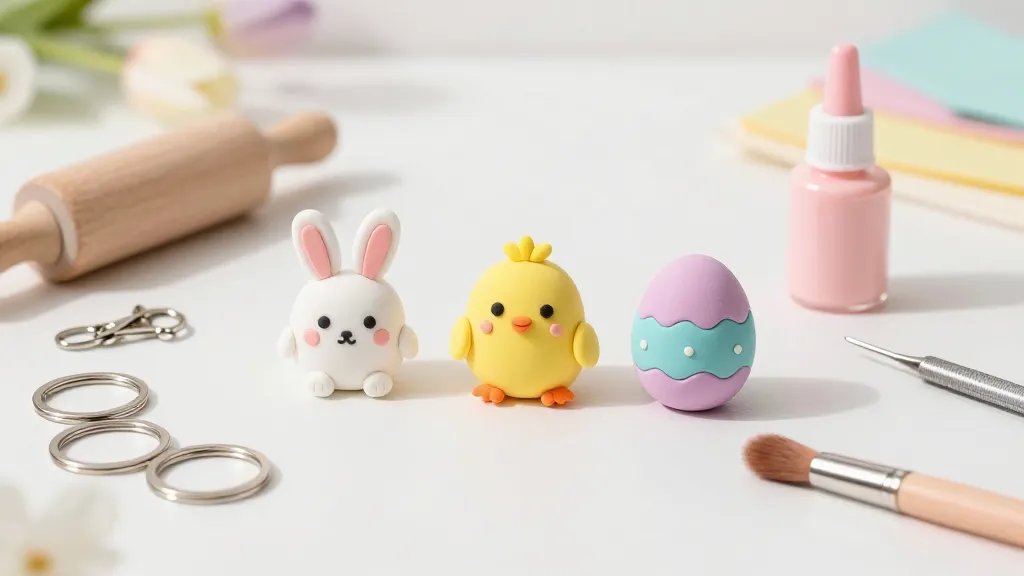 A clean, well-lit workspace featuring pastel air-dry and polymer clays molded into cute Easter shapes (a fluffy bunny, a cheerful chick, and a decorated egg). The pieces are arranged alongside keychain hardware (split rings, key rings, eye pins), a small rolling pin, a needle tool, and soft shading with blush brushes. A glossy sealant bottle sits nearby, with soft spring light casting gentle shadows and a subtle bokeh of pastel colors in the background. No text.