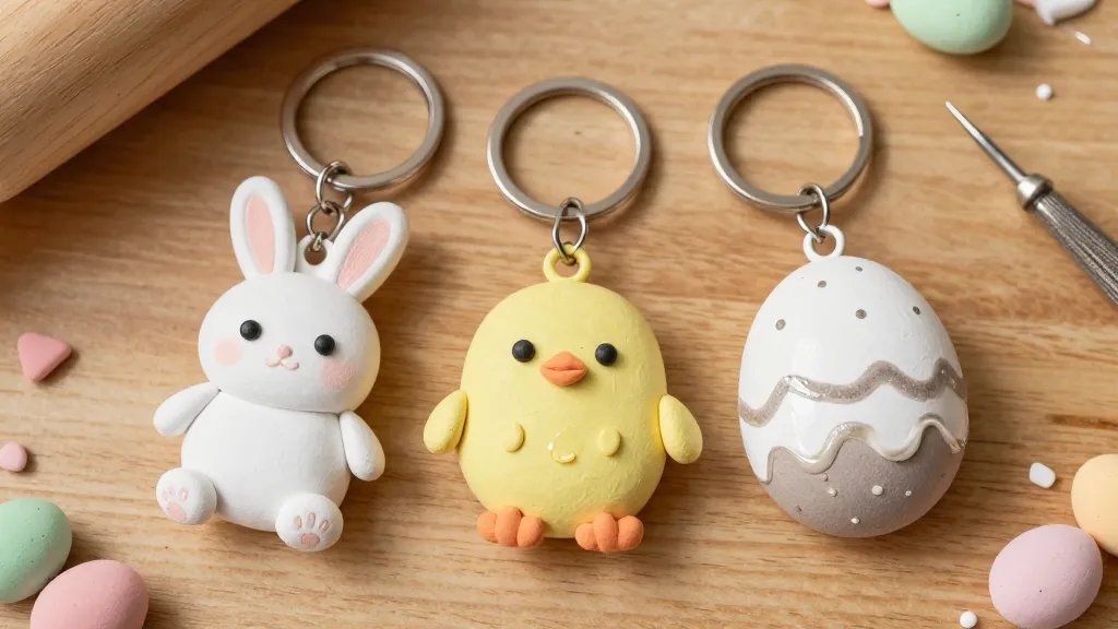 A close-up, top-down shot of finished clay Easter keychains on a wooden surface: three characters (bunny, chick, egg) with delicate shading and tiny bead eyes, each attached to metal keychains and rings. Include a clear gloss sealant drizzle on one piece to emphasize shine, and scattered pastel clay scraps, a rolling pin, and a needle tool in the frame. No text.