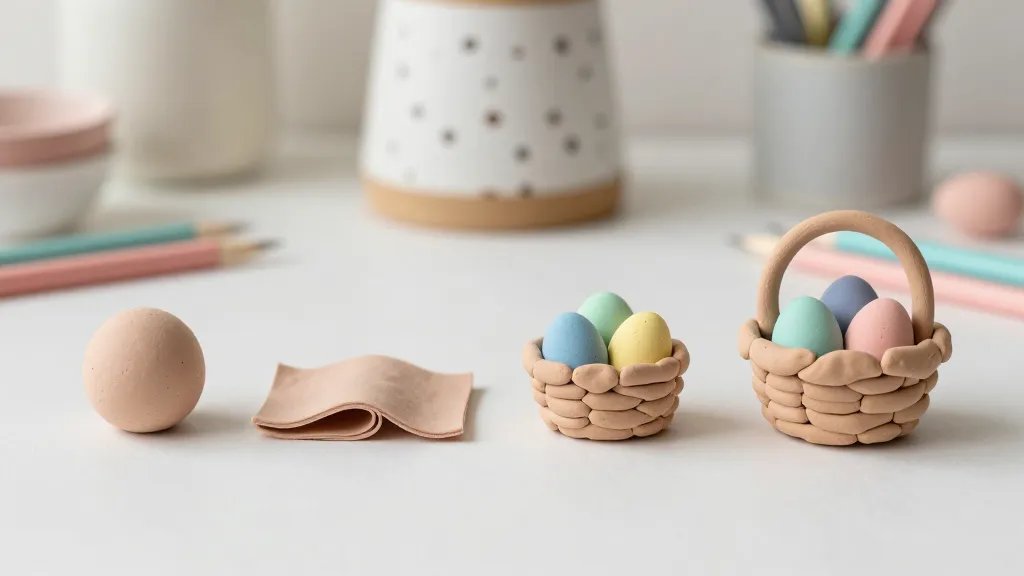 A flat lay composition featuring a creative progression of a mini Easter basket clay project: first a ball of pastel clay, then a rolled-out sheet, then a small basket being formed, with completed baskets filled with miniature eggs. Include pastel crafting tools and a soft-focus background with a shabby-chic centerpiece to convey a cozy, whimsical crafting vibe.