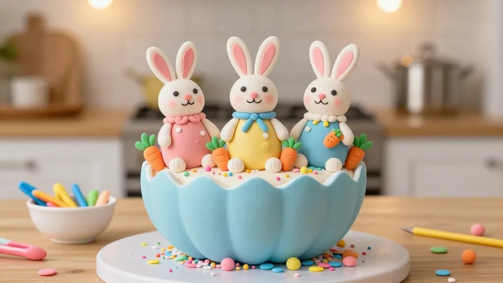 A whimsical cake topper display: a single eggshell-blue cake with three handmade clay Easter bunnies perched on the edge, each with different pastel outfits and tiny carrot accessories, surrounded by scattered pastel confetti sprinkles and a small bowl of fondant tools; warm kitchen setting, overhead soft lighting, no text.