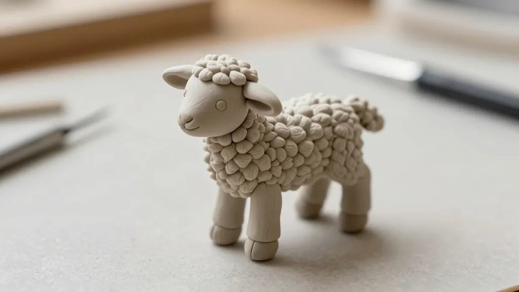 A close-up scene of a tiny clay lamb being sculpted, focusing on the small, fluffy wool texture with delicate shading on a clean craft mat, tiny sculpting tools scattered nearby, soft natural light, and a tiny yarn tail visible, all on a neutral background.
