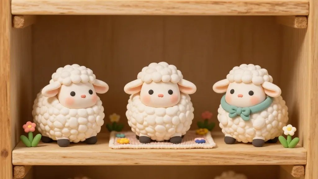A whimsical miniature display of three tiny clay lambs arranged on a wooden shelf diorama, each lamb with distinct facial expressions and tiny accessories (like a bow or scarf), surrounded by miniature props (miniature flowers, a tiny rug), warm cozy lighting, and a shallow depth of field to emphasize texture and cuteness.