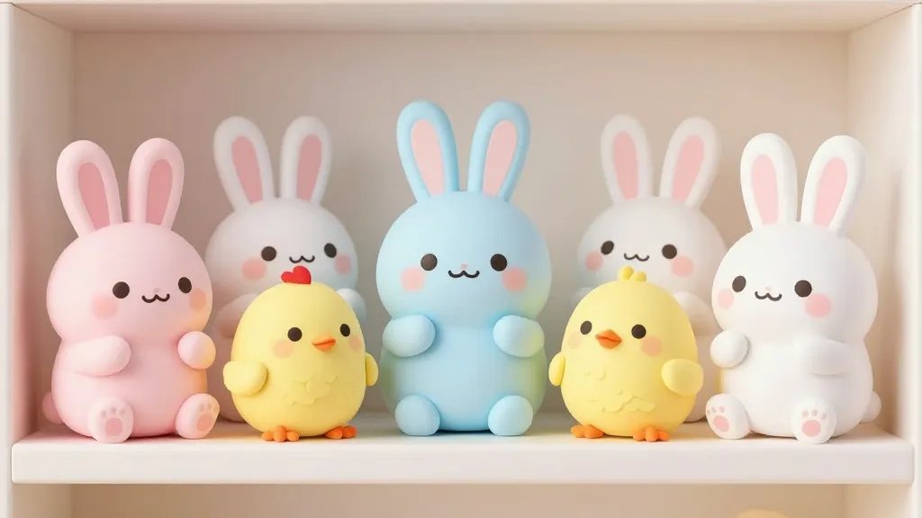 A collection of kawaii Easter animal figurines arranged on a pastel-toned shelf: oversized-eyed bunnies, chubby chicks, and egg-shaped creatures with soft textures, blush pinks, baby blues, and lemon yellows; each figure with tiny mouths and rosy cheeks, posed playfully as if sharing a cheerful moment, set against a light, airy background with subtle shadows to emphasize their cuddle vibe.