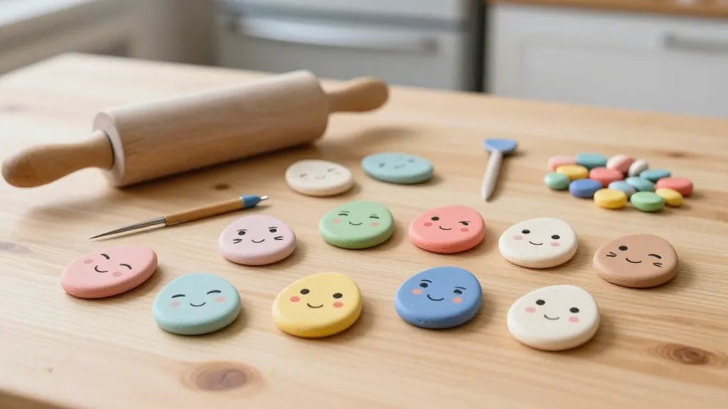 A cozy, sunlit craft table scene featuring a collection of colorful Easter egg-shaped air-dry clay magnets in progress: half-formed eggs with cheerful faces, tiny pickle-ladle detailing on the surface, a blunt needle used for fine lines, a rolling pin, a small assortment of magnets nearby, and soft pastel colors on the eggs, all arranged on a pale wooden surface with a blurred fridge in the background.