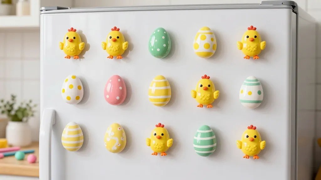A whimsical fridge wall display of finished Easter egg clay magnets arranged in a playful pattern: a smiling chick, polka-dotted egg, and striped egg magnets, each with glossy enamel-like sheen, small round magnets attached to the back, a few decorative props like pastel ribbons and tiny clay tools on the counter, and a bright kitchen scene projected with natural light.