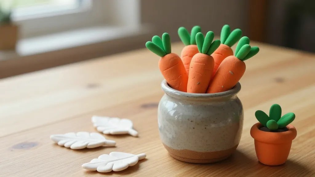 A cozy, sunlit desk vignette featuring a small cluster of orange clay carrots with green tops, tiny seed flecks and imperfect squishiness, arranged in a rustic ceramic jar beside a few white clay leaves and a miniature plant pot; soft natural light, warm tone palette, no text.