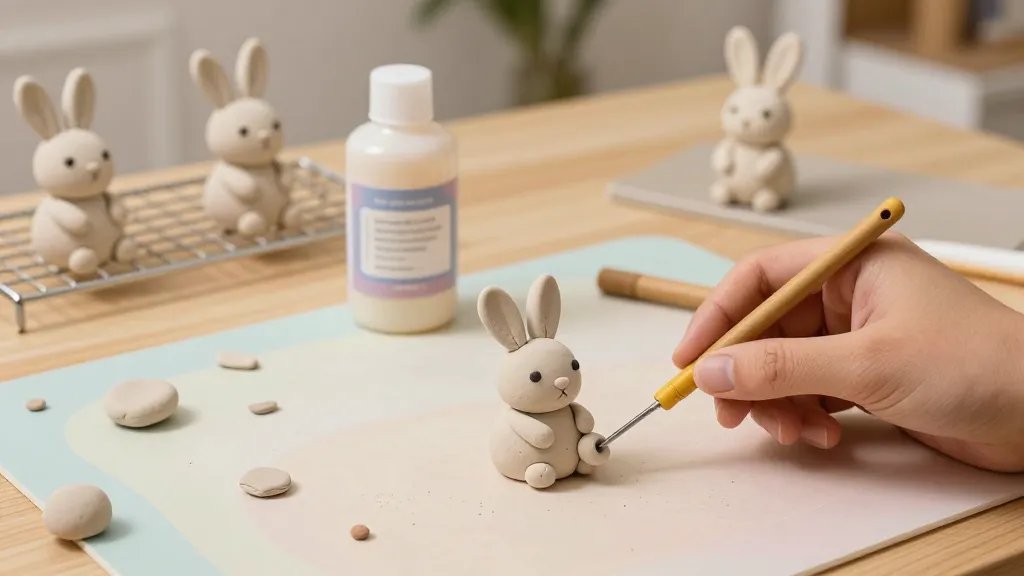 A whimsical craft setup featuring a hand shaping a small air-dry clay bunny with rolling tools and a bottle of glaze in the background; include scattered tiny clay scraps, a pastel-colored workspace mat, and three finished bunnies drying on a wire rack; warm, inviting studio lighting and a cozy, uncluttered scene, no text.