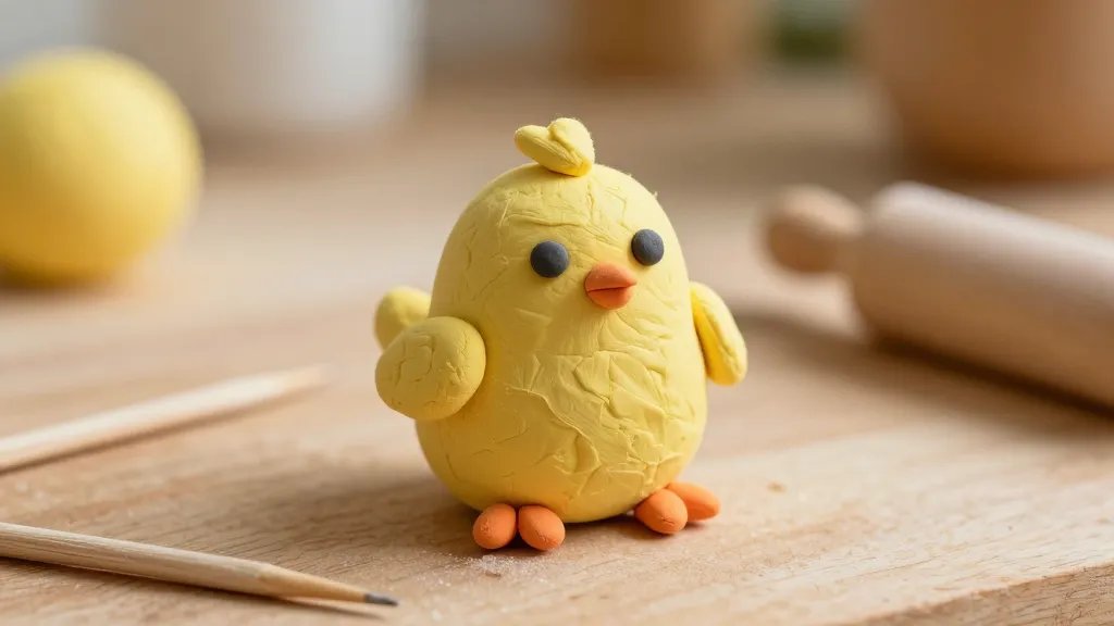 A close-up shot of a handmade clay Easter chick mid-creation: a soft yellow cotton-ball-like body with a tiny orange beak, black eyes, perched on a textured wooden surface, with simple sculpting tools (toothpick, blunt needle) and a small rolling pin nearby; warm natural lighting and a shallow depth of field to blur the background.