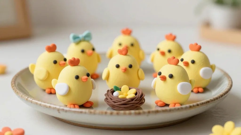 An adorable desk-side display scene: multiple small clay chicks in pastel shades (yellow bodies, orange beaks, white highlights) with tiny accessories like a miniature ribbon and a painted nest, arranged on a rustic ceramic plate with gloss glaze visible on the chicks’ edges, soft-focused backdrop.