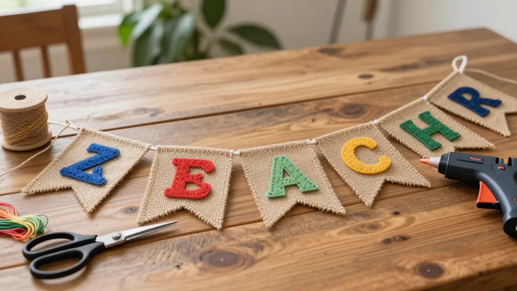 A cozy home crafting scene featuring a rustic burlap banner in progress: colorful felt letters being hand-stitched onto burlap pennants, a spool of embroidery floss, scissors, and a hot glue gun scattered on a farmhouse wooden table; warm natural light, greenery in the background, no text on the image.