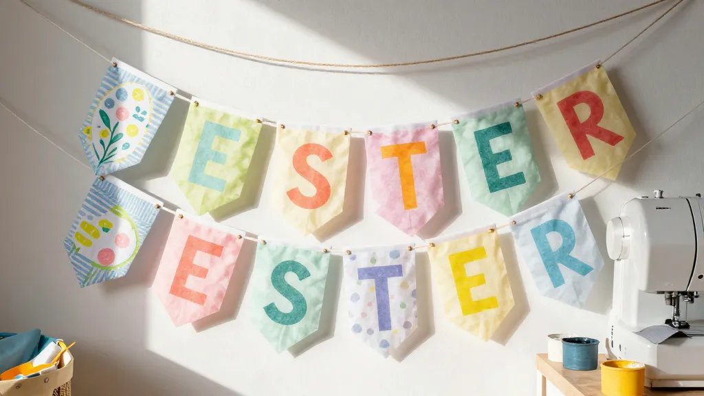 A cheerful Easter banner display drying and ready to hang: stacked fabric pennants in pastel colors with bold block-letter stylings, stencils, fabric paints, and a length of twine hanging above a sunlit craft corner; include eco-friendly scrap fabrics and a sewing machine in the backdrop, no text on the image.