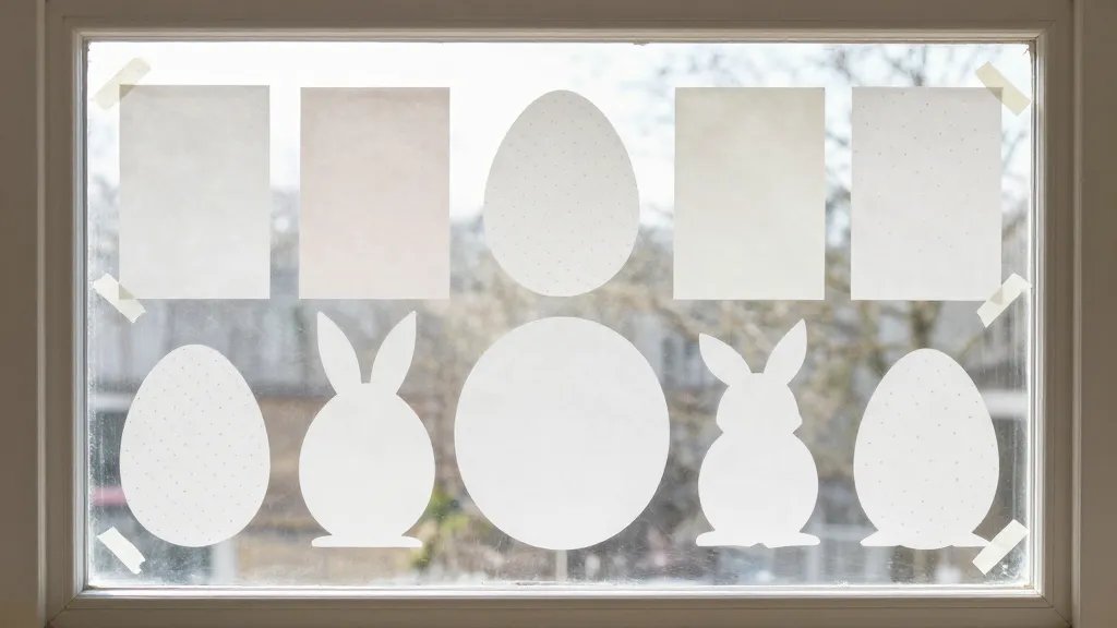 An airy, minimalist Easter window display of monochrome chic cutouts—white and pastel papers with tiny patterns punched out—taped to a window using painter’s tape, showcasing soft backlighting from sunlit glass and a clean, uncluttered view through the window, no text or signage.