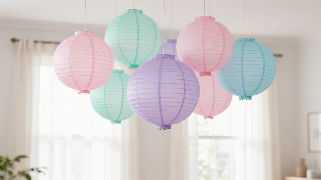 A bright, airy living room scene featuring a cluster of pastel paper lanterns in soft pink, mint, lavender, and baby blue hanging from the ceiling, with natural light streaming through sheer curtains and a subtle bokeh effect in the background, no people, high-key soft focus.