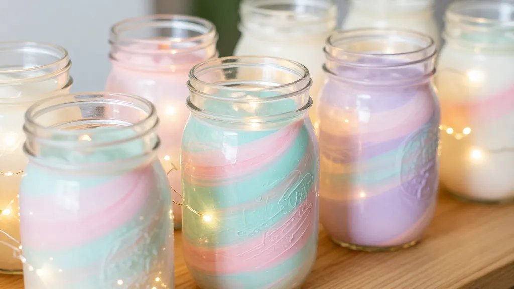 Close-up shot of pastel color-washed mason jars arranged on a wooden surface, filled with warm white fairy lights, shallow depth of field, pastel swirls of pink, aqua, and lilac visible on the jars, crisp daylight ambiance, no text.