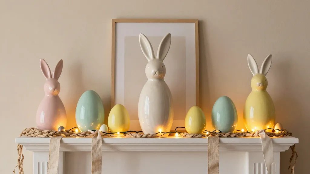 A cozy Easter mantel scene with a soft pastel color palette (blush pinks, lemon yellows, seafoam greens, warm creams) featuring a central tall ceramic bunny, layered with a neutral mantel cloth, a woven jute garland, linen ribbons, and warm fairy lights draped across. Include a bold vase or print centerpiece flanked by smaller coordinating decor, creating depth and balance without clutter, at dusk with gentle, warm glow.