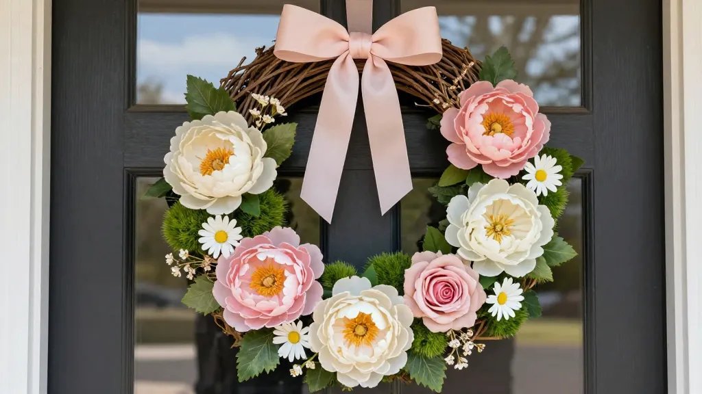 A cozy front-door wreath in a natural twig ring, featuring a balanced arrangement of pastel faux flowers (peonies, daisies, and small roses) with glossy petals and fluffy faux moss, accented by a soft ribbon bow; the design should convey a welcoming spring vibe with an arrangement in odd numbers (3, 5, or 7 focal blooms) and subtle hints of dried florals for a rustic twist, all set against a sunlit entryway backdrop.