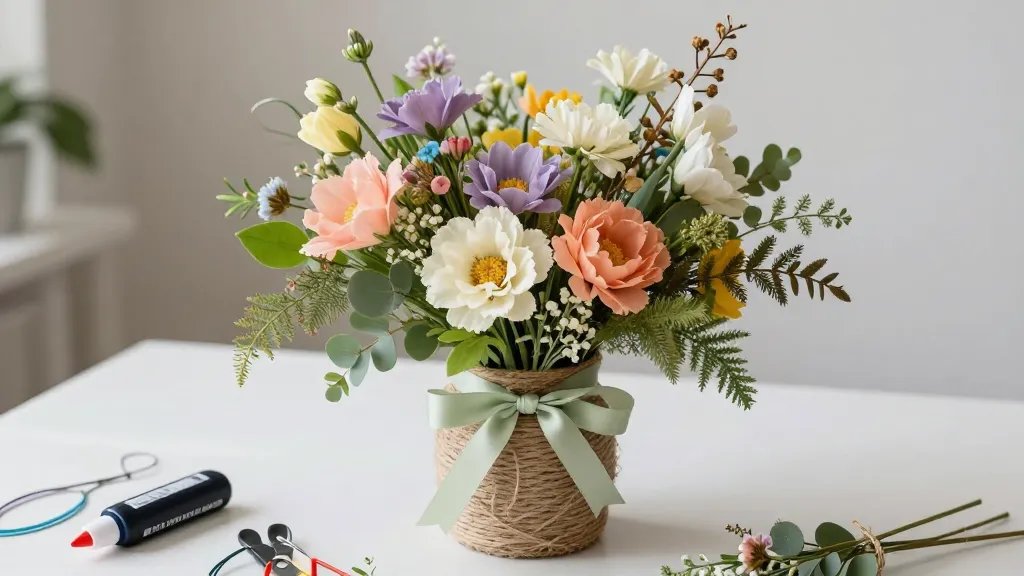 An indoor spring craft scene showing a tabletop arrangement: a neutral-toned vase wrapped with twine holding a mix of pastel blooms and textured greenery, complemented by a few dried florals for depth, and a complementary ribbon tied around the vase; include visible hot-glue and floral wire tools in the foreground to imply a DIY project in progress, with soft natural light and vibrant, cheerful colors.