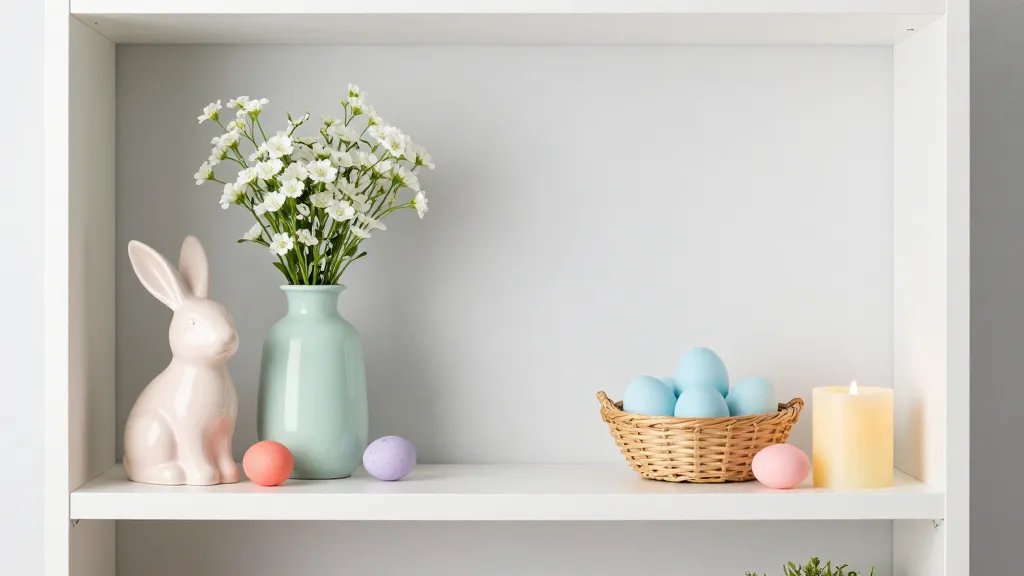 A cozy Easter shelf setup in a bright, airy room, featuring a clean white or warm gray wall and a minimalist shelf. Include soft pastel decor: blush pink ceramic bunny, mint green vase with delicate florals, baby blue eggs in a woven basket, and a small butter-yellow candle. Add subtle pops of coral and lavender through a few decorative eggs and a tiny potted plant. Soft natural light, no text on image.