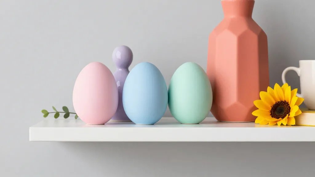 Modern Easter shelf vignette with neutral base and bold accents: white shelf with a light gray backdrop, a trio of large pastel eggs (one blush pink, one baby blue, one mint) arranged with a lavender ceramic figurine, a coral-colored geometric vase, and a small sunflower-yellow book or box. Include a faint greenery sprig and a cozy coffee mug nearby on the shelf edge; photography-style composition, no text.