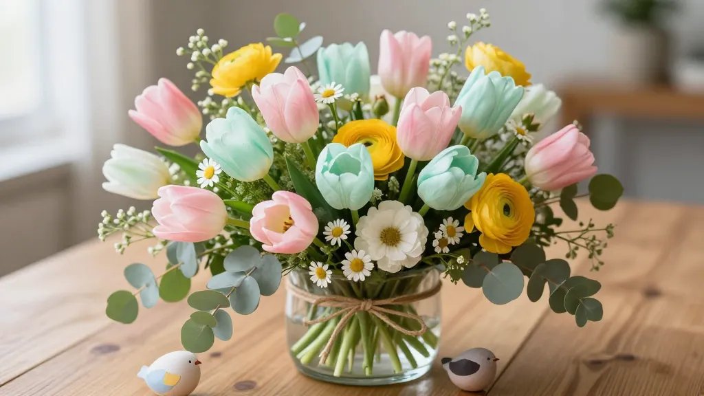 A low, wide glass vase centerpiece on a wooden table, filled with a lush arrangement of pastel tulips, daisies, and ranunculus in blush pink, mint green, and sunny yellow, accented with light eucalyptus sprigs; include delicate textures with smooth petals, fuzzy filler greens, and a few sprigs of baby’s breath, tied with a natural twine bow, and tucked mini ceramic eggs and painted wooden birds for subtle whimsy; soft natural light, shallow depth of field, warm spring ambience.