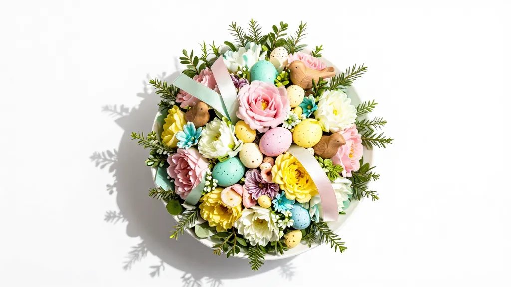 An overhead shot of a bright Easter tablescape featuring a textured floral bouquet in a shallow white ceramic dish, layering pastel blooms with sprigs of greenery and tiny decorative elements; ribbons of pale ribbon loosely draped, tiny ceramic eggs nestled among the blooms, and a few wooden birds perched among the petals; crisp, vibrant colors, high-contrast shadows, clean minimalist background to highlight the centerpiece.