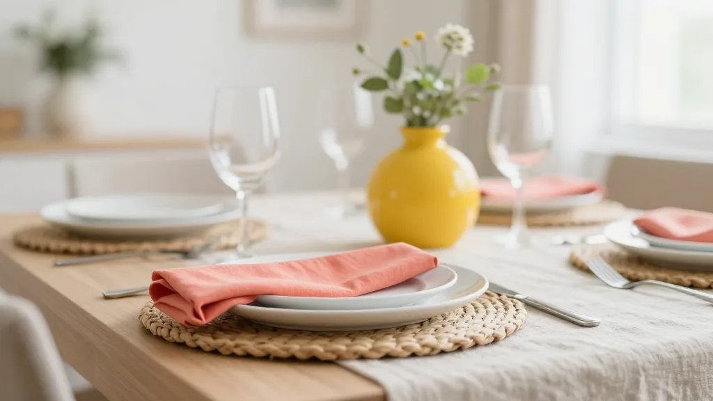 An inviting Spring dining table setup in a sunlit dining room: a neutral linen table runner with white ceramic plates, a single bold coral napkin accent, and citrus-yellow pottery centerpiece. Include natural textures like woven placemats, a light wood table, and subtle greenery. Soft, airy lighting with a gentle bokeh background, no text.