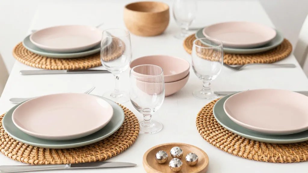 A cohesive monochrome Spring tablescape: varying shades of blush pink and soft greens arranged with matte ceramic dishes, shiny glassware, and rattan placemats. Layer textures and add a touch of metallics (silver) through small decorative accents, with natural wood elements and a clean white table surface, no text.