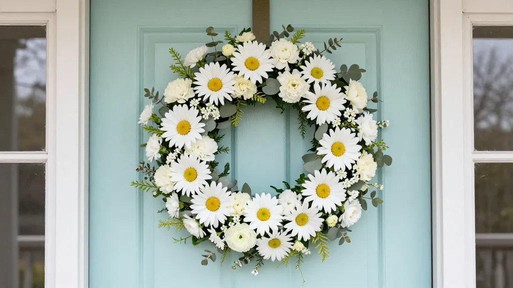 A bright Easter front door wreath displayed on a pastel-painted door, featuring a light foam wreath base with a grid of fresh-cut daisies, carnations, and ranunculus, accented by eucalyptus sprigs and feverfew for texture and fragrance, styled as a Spring Bouquet in a Wreath with varying stem heights and a balcony of soft spring light.